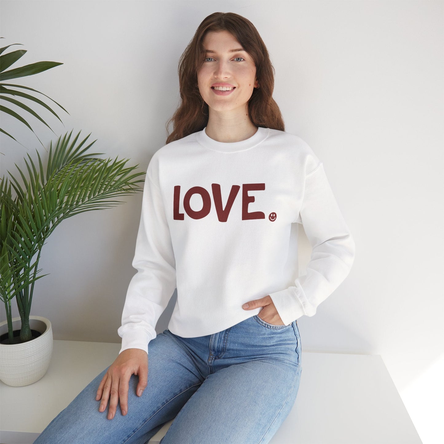 LOVE Happy Tee (White Sweatshirt with red graphic)  Sweatshirt  HAPPY TEES® BRAND