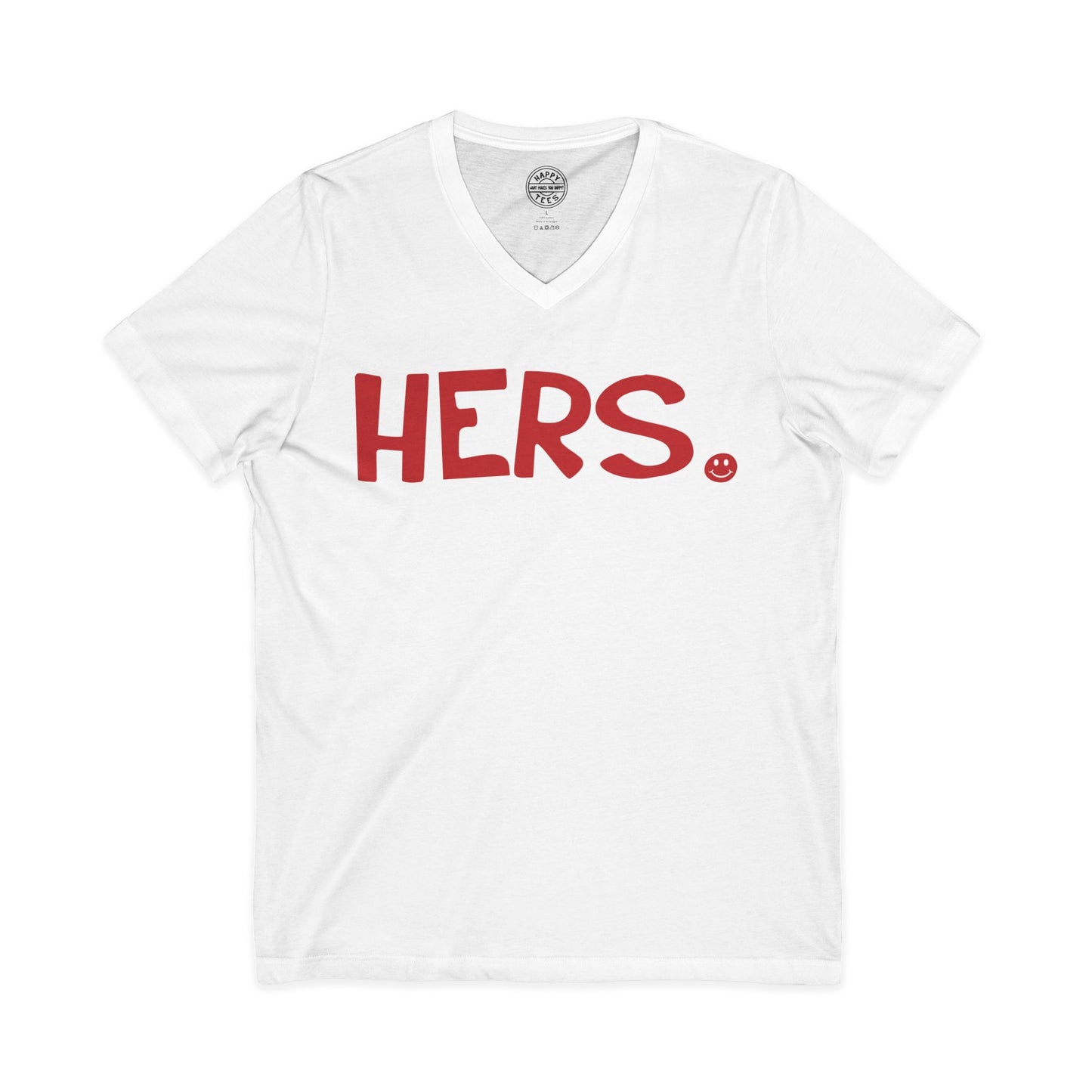 HERS Happy Tee (V-Neck White Tee with red graphic)