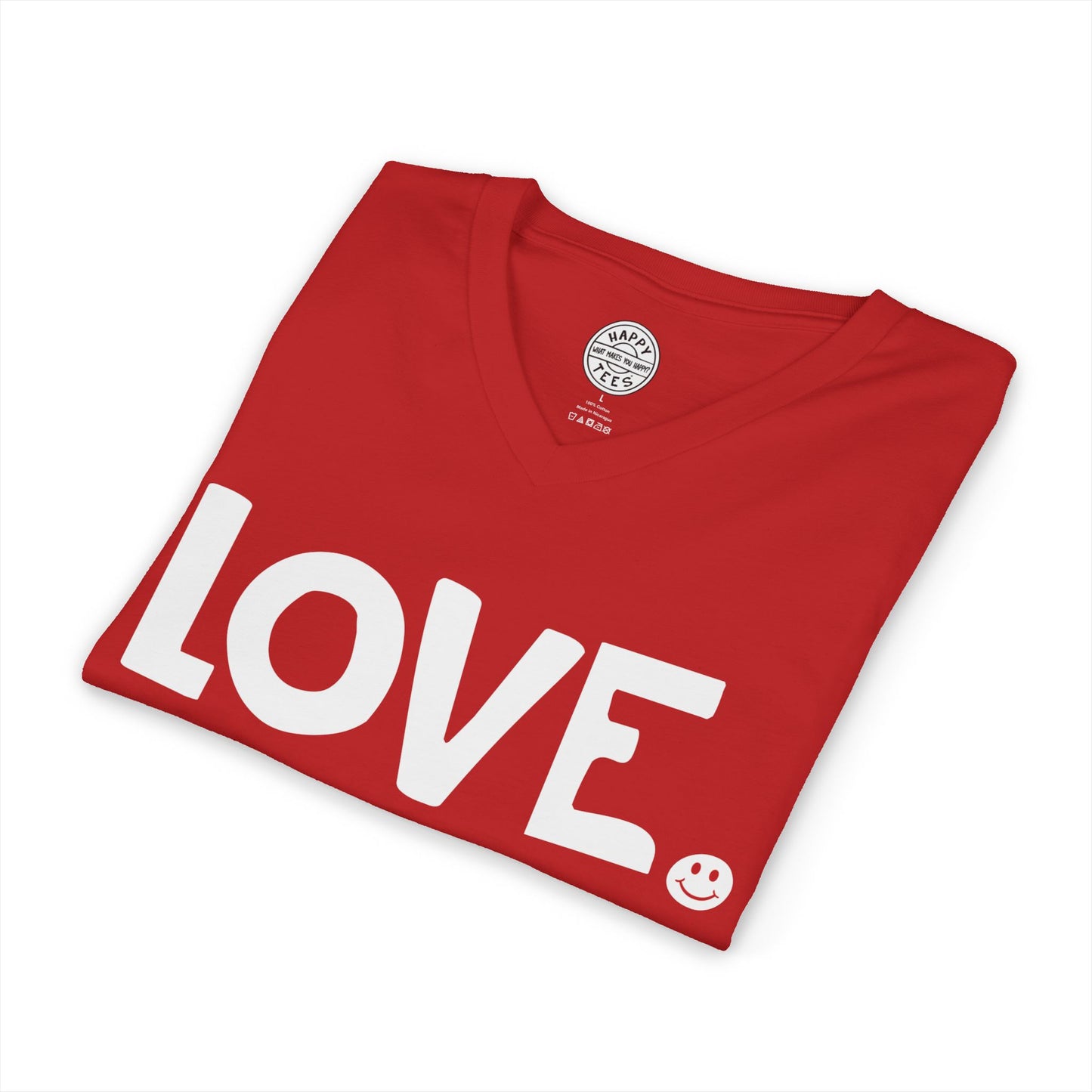 LOVE Happy Tee (V-Neck Red Tee with white graphic)