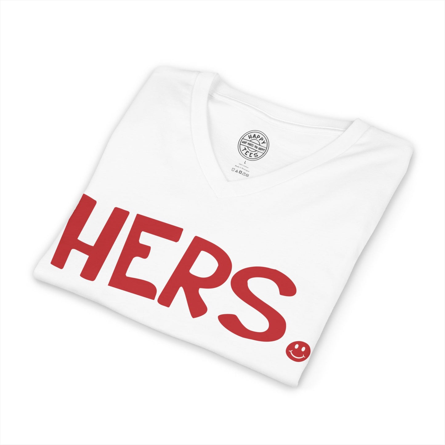 HERS Happy Tee (V-Neck White Tee with red graphic)