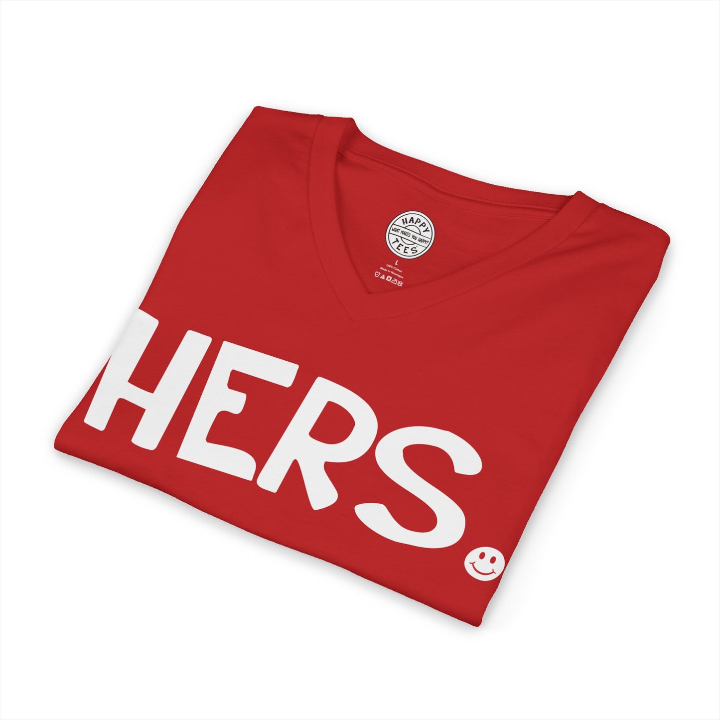 HERS Happy Tee (V-Neck Red Tee with white graphic)