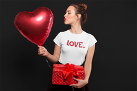LOVE Happy Tee (Women's White Tee with red graphic)  T-Shirt  HAPPY TEES® BRAND