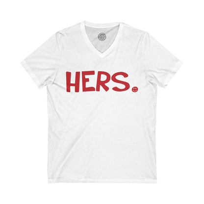 HERS Happy Tee (V-Neck White Tee with red graphic) Printify