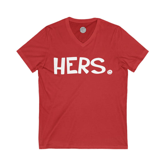 HERS Happy Tee (V-Neck Red Tee with white graphic) Printify