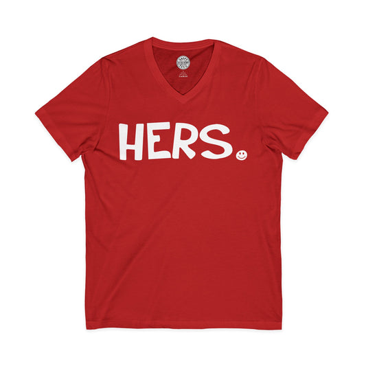 HERS Happy Tee (V-Neck Red Tee with white graphic)