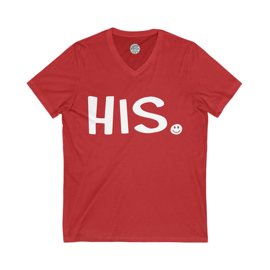 HIS Happy Tee (V-Neck Red Tee with white graphic) Printify