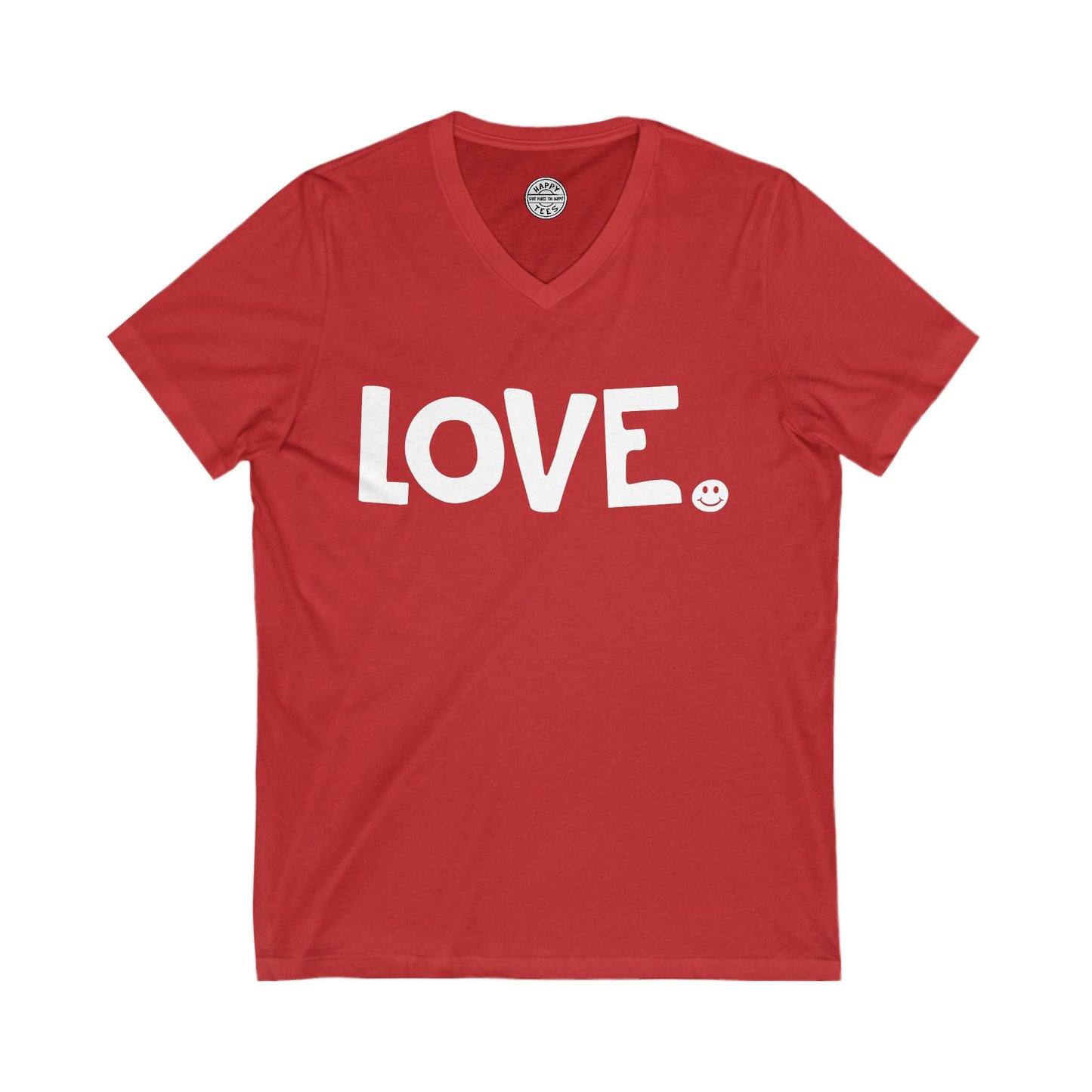 LOVE Happy Tee (V-Neck Red Tee with white graphic) Printify