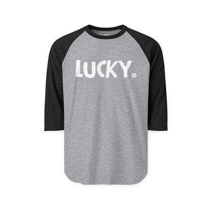 LUCKY Happy Tee (Long Sleeve Raglan)  Long-sleeve 2XL / Heather Grey/Black HAPPY TEES® BRAND
