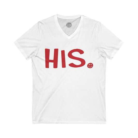 HIS Happy Tee (V-Neck White Tee with red graphic) Printify