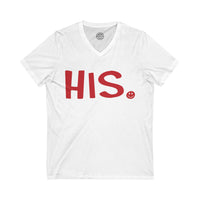 HIS Happy Tee (V-Neck White Tee with red graphic) Printify